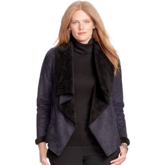 LAUREN RALPH LAUREN Women's Faux Suede Sherpa Drape Front Coat Jacket L NEW - Picture 1 of 9